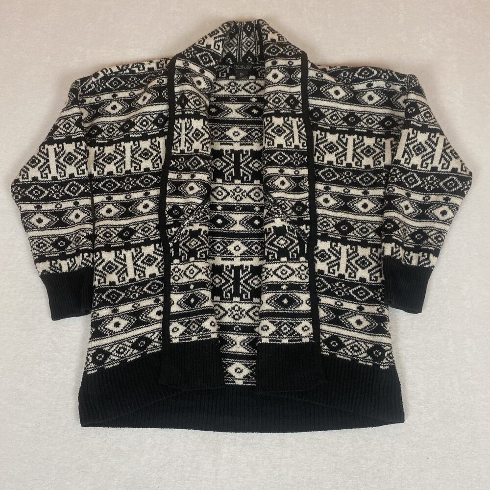 Rachel Zoe Black White Geometric Open Cardigan Chunky Knit Boho Tribal Shawl